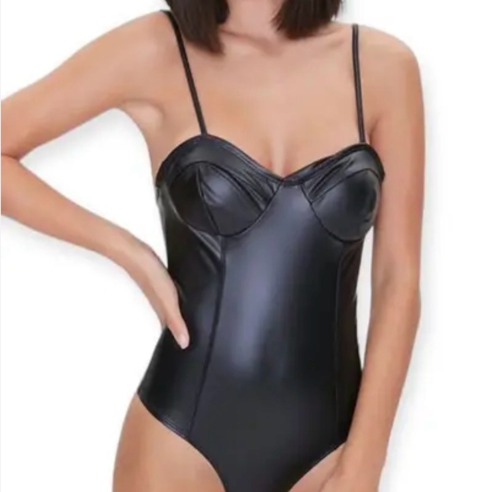 Forever 21 Black Faux Leather Bodysuit Size S